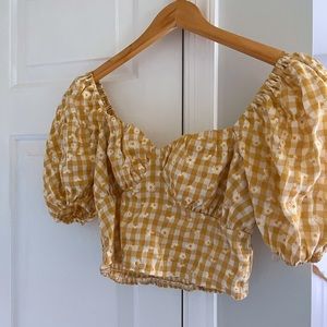 Petal + Pup || Gingham Daisy Floral Midle Puff Sleeve Corset Crop Top Yellow 4